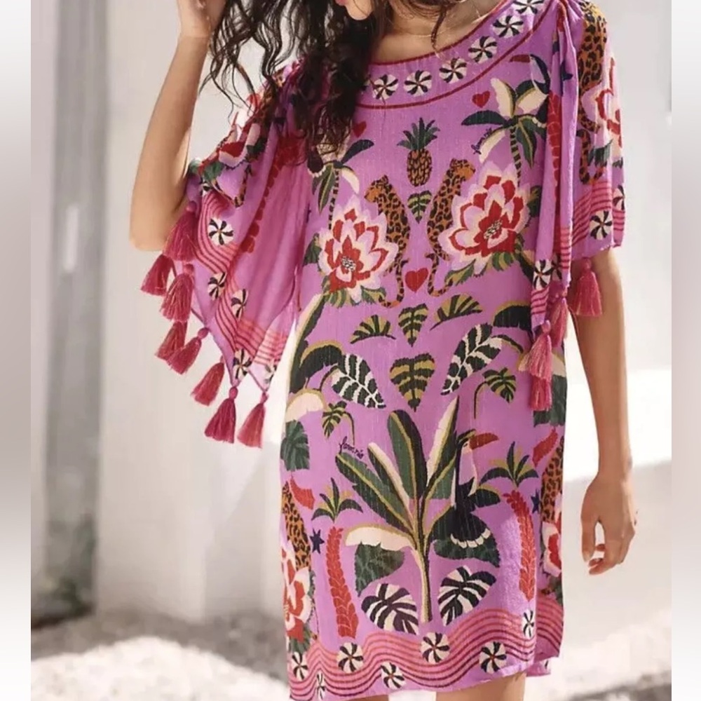 FARM Rio Leopard Forest Coverup S - Tropical Print Tassel Sleeve - Picture 3 of 13